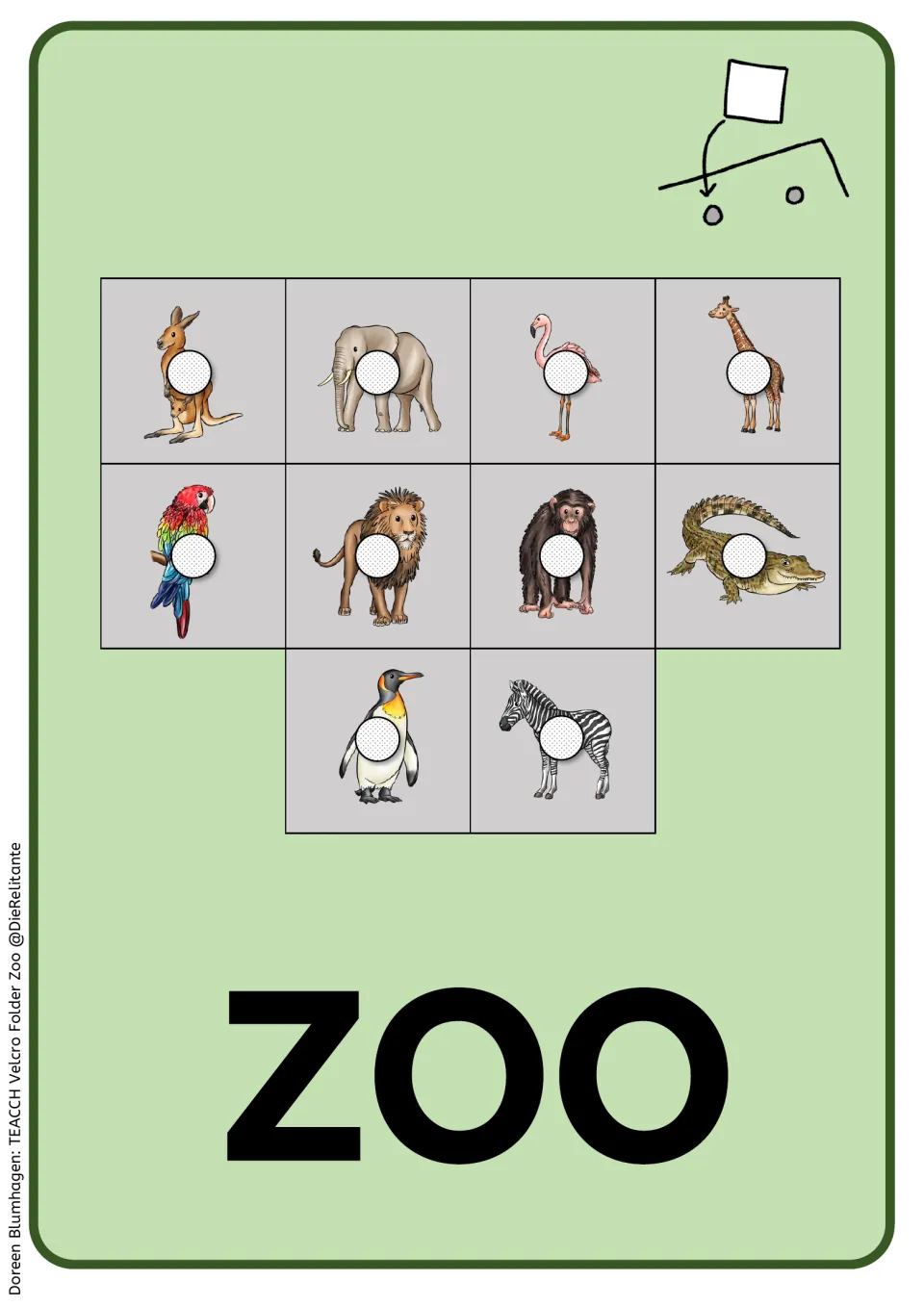 Zoo card storage template shows the 10 matching animals, including a kangaroo, elephant, flamingo, and giraffe