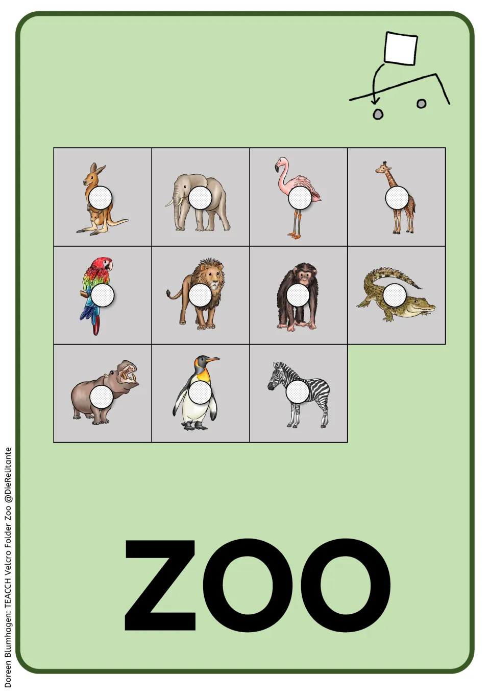 Zoo card storage template holds the 10 reusable animal cards plus the optional hippopotamus distractor