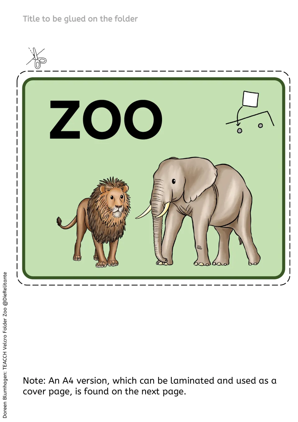 Cutout folder title label reads 'ZOO' and shows a lion and elephant for identifying the animal task folder