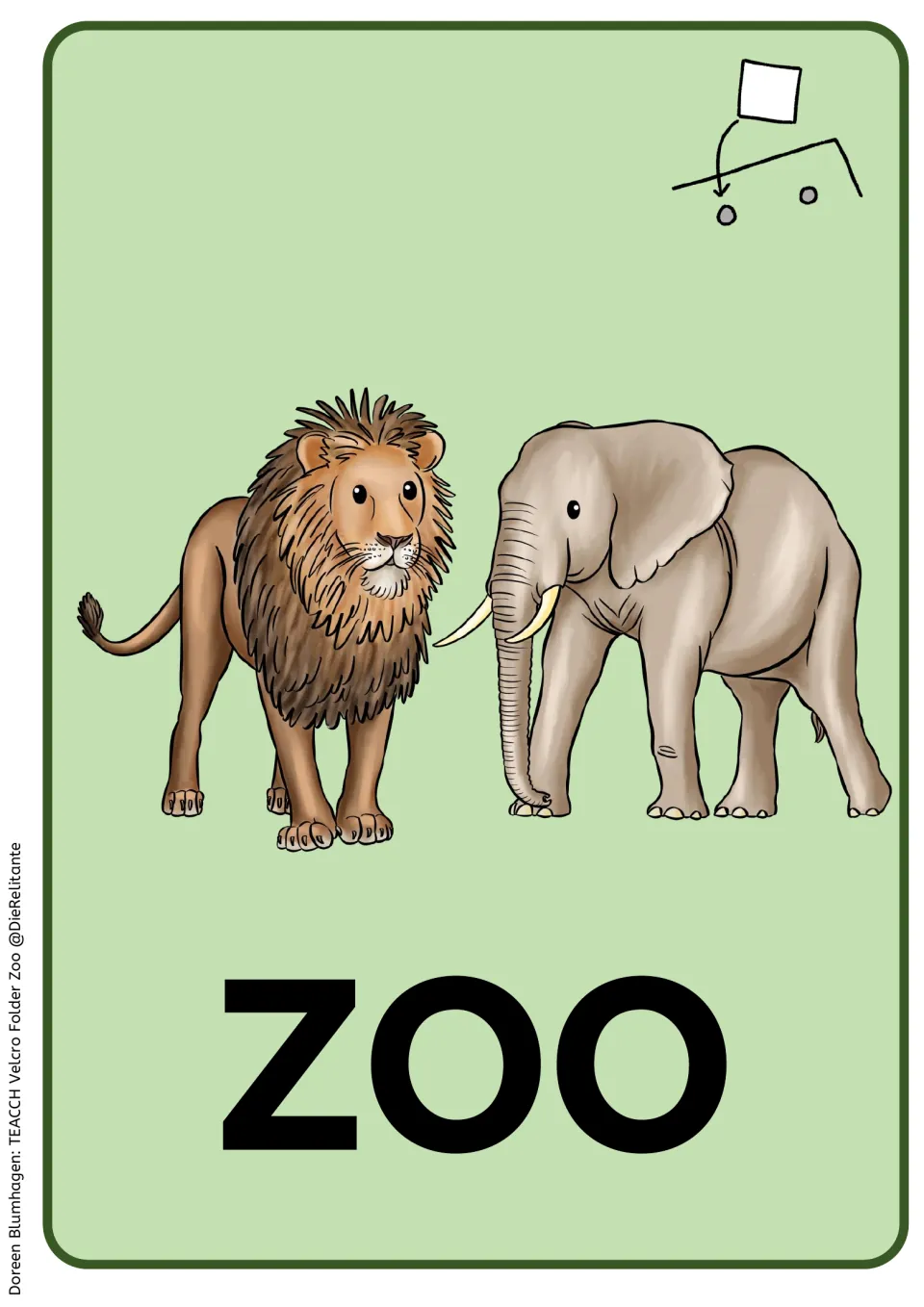 Full-page zoo folder cover shows a lion and elephant above 'ZOO' to identify the reusable animal task folder
