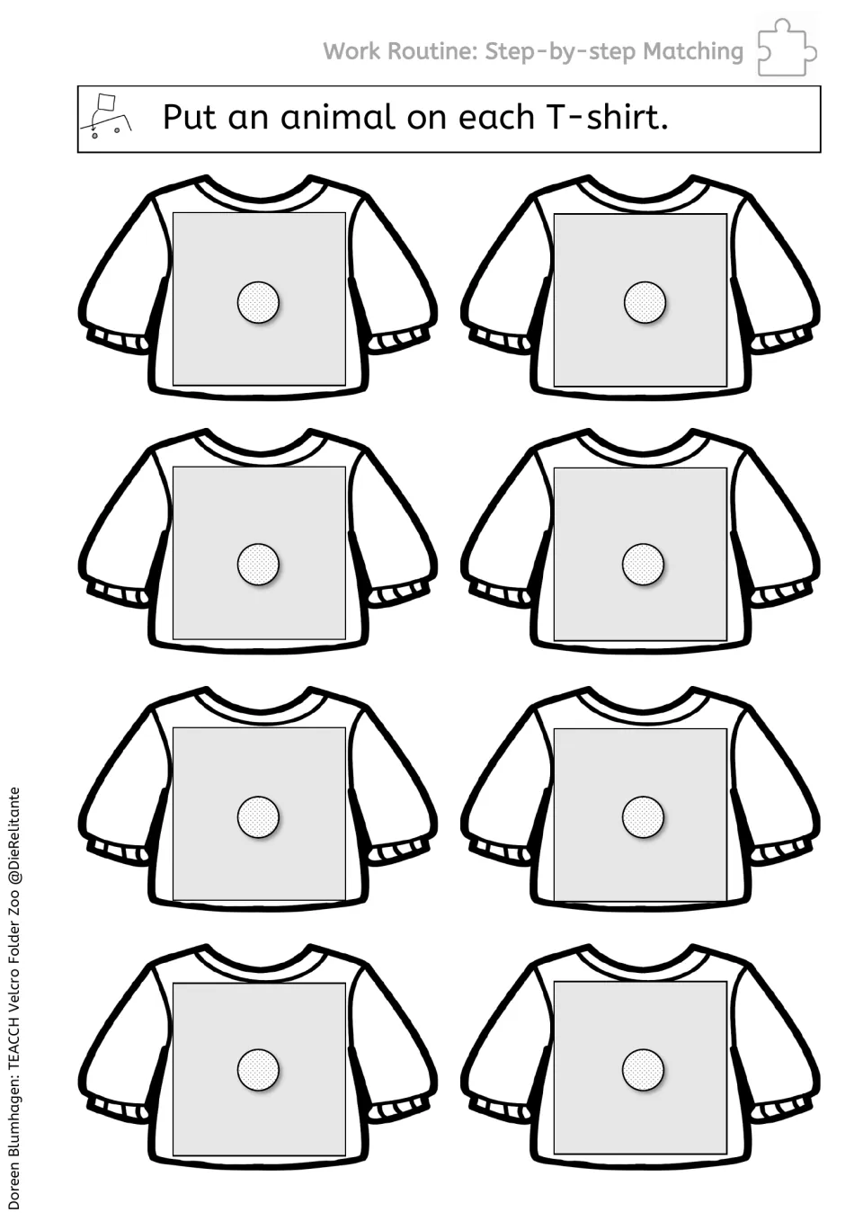 Work routine task says 'Put an animal on each T-shirt,' with eight shirts for placing reusable animal cards