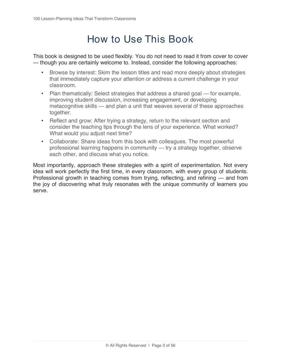 Guide to using the strategy book: browse by interest, plan thematically, reflect and grow, and collaborate