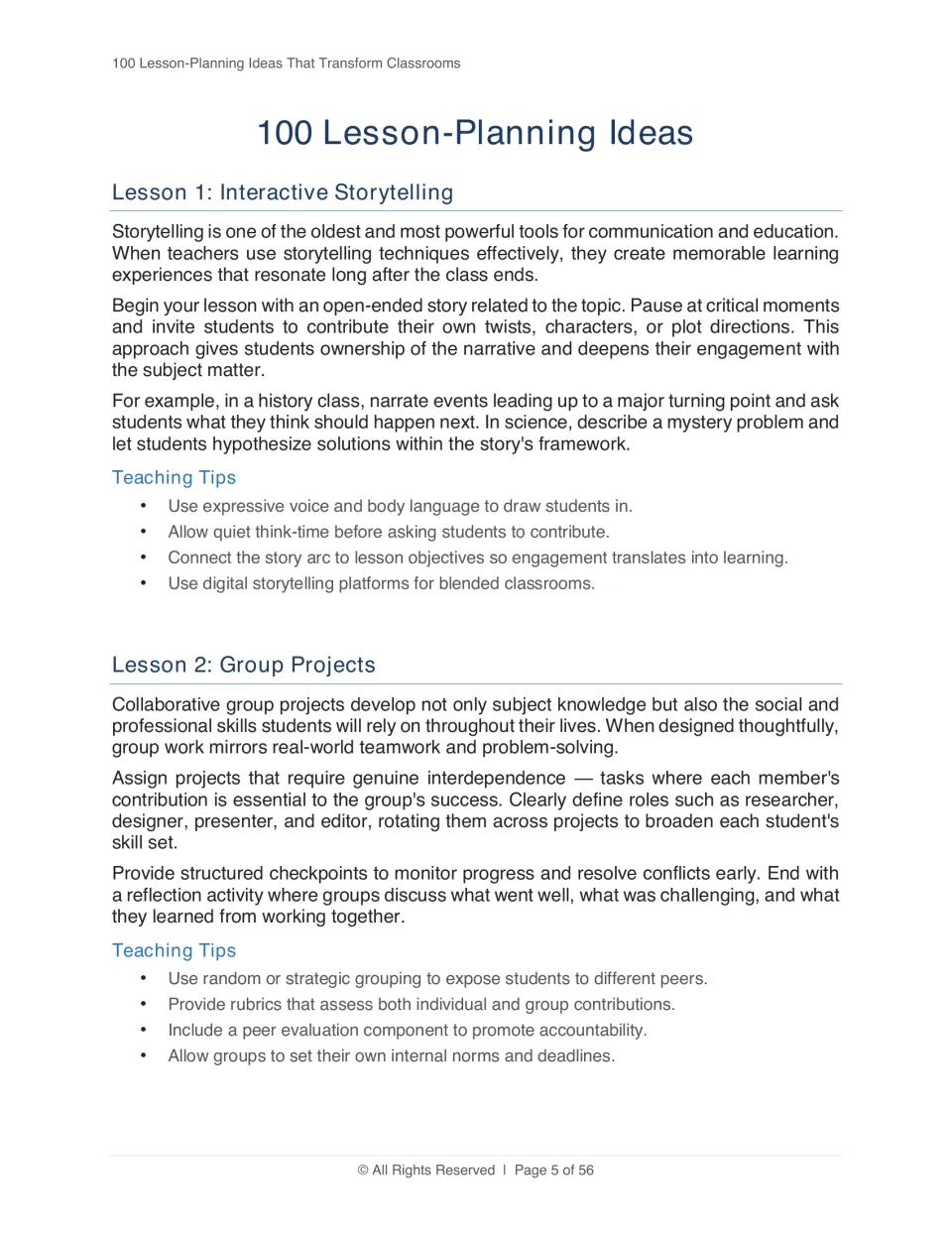 Strategies 1–2: Interactive Storytelling and Group Projects, with implementation guidance and teaching tips