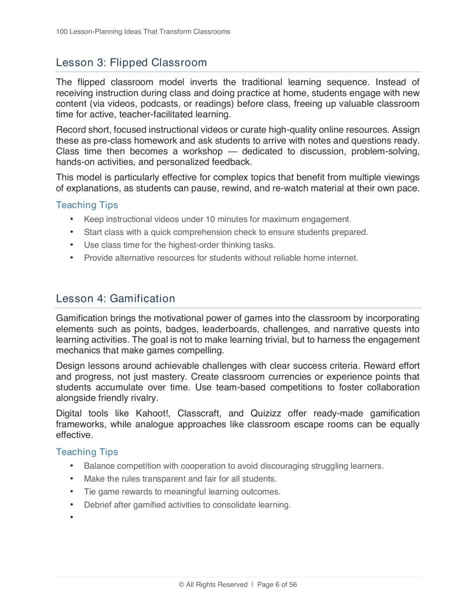 Strategies 3–4: Flipped Classroom and Gamification, with guidance on pre-class content and learning challenges