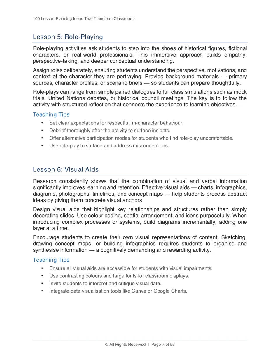 Strategies 5–6: Role-Playing and Visual Aids, with tips for character preparation and visual representations