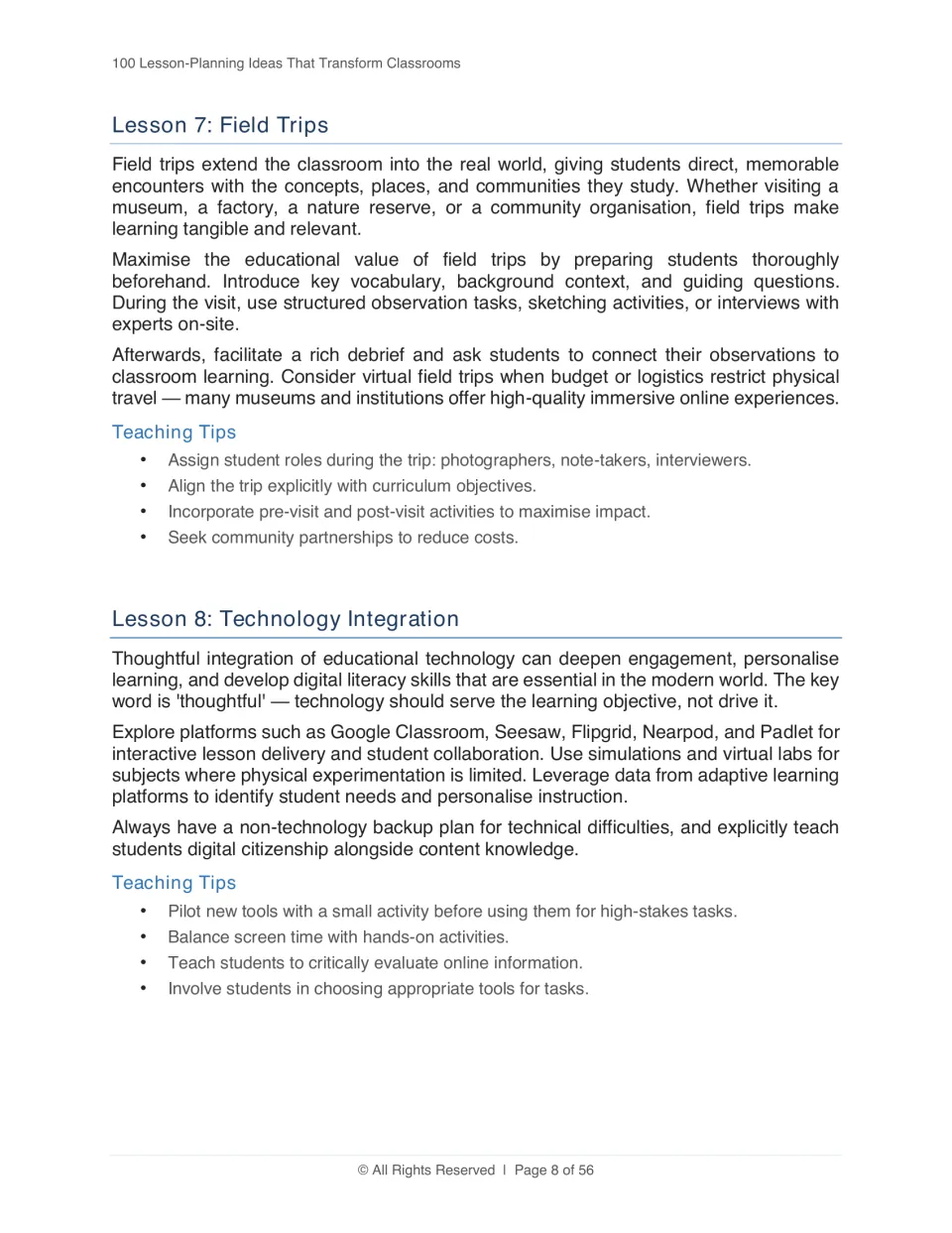 Strategies 7–8: Field Trips and Technology Integration, covering trip preparation and educational technology