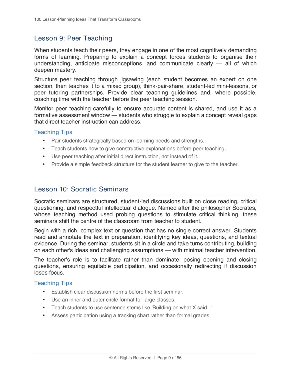 Strategies 9–10: Peer Teaching and Socratic Seminars, with guidance for peer explanations and student-led discussion
