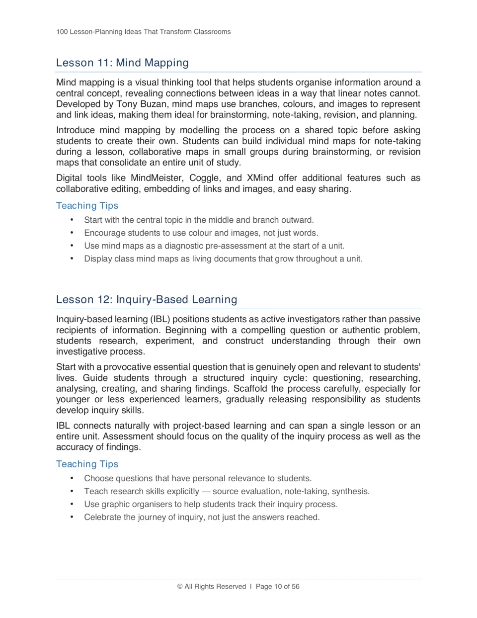 Strategies 11–12: Mind Mapping and Inquiry-Based Learning, with tips for organizing ideas and guiding research