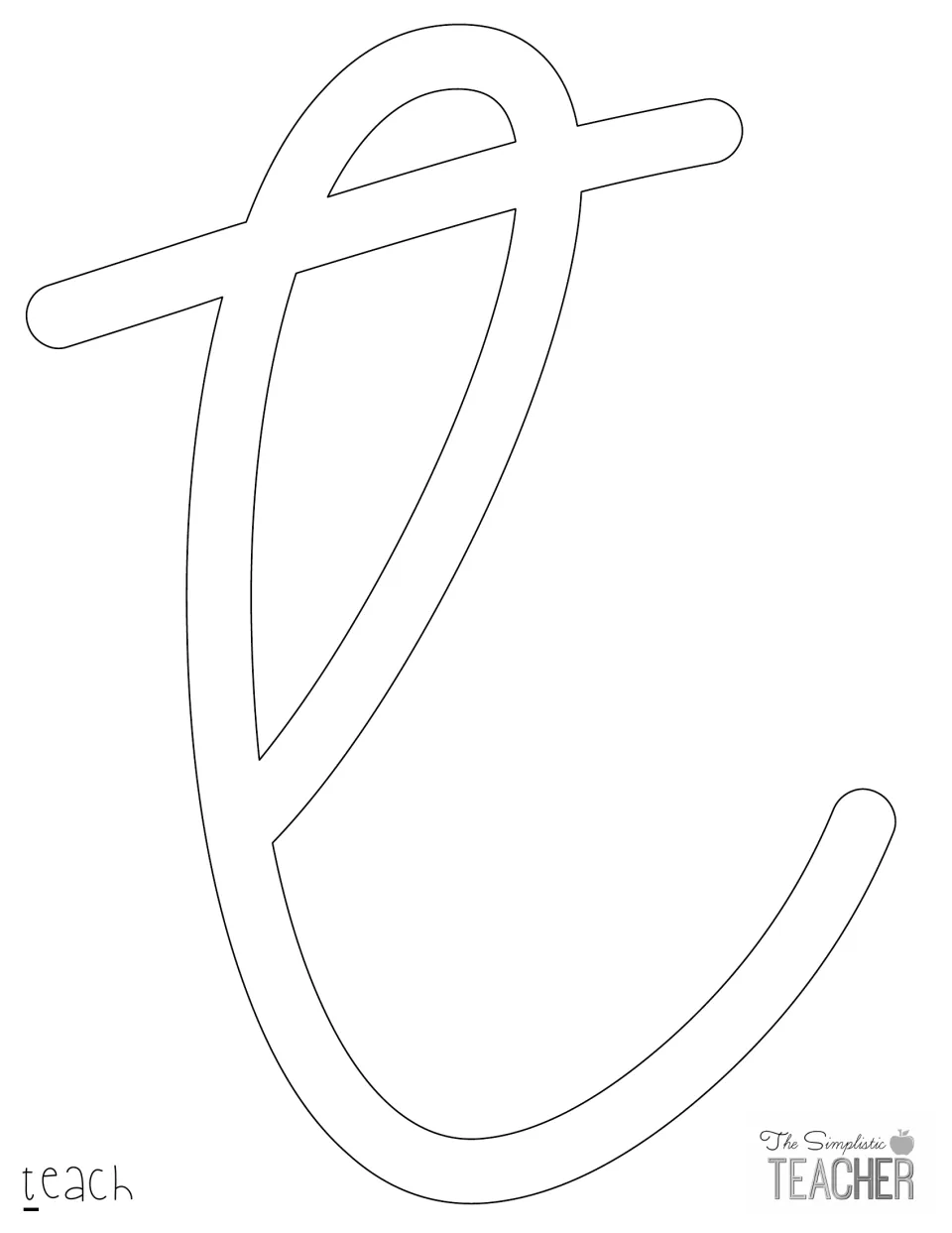 Cut-out piece: large outlined cursive letter t, the first letter of teach for spelling out the bulletin board title