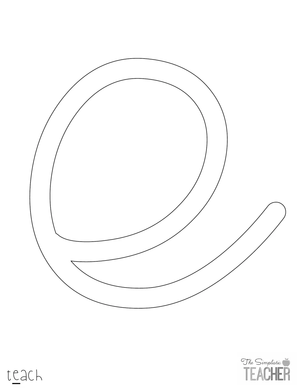 Cut-out piece: large outlined cursive letter e, the second letter of teach, ready to print on colored paper and cut out