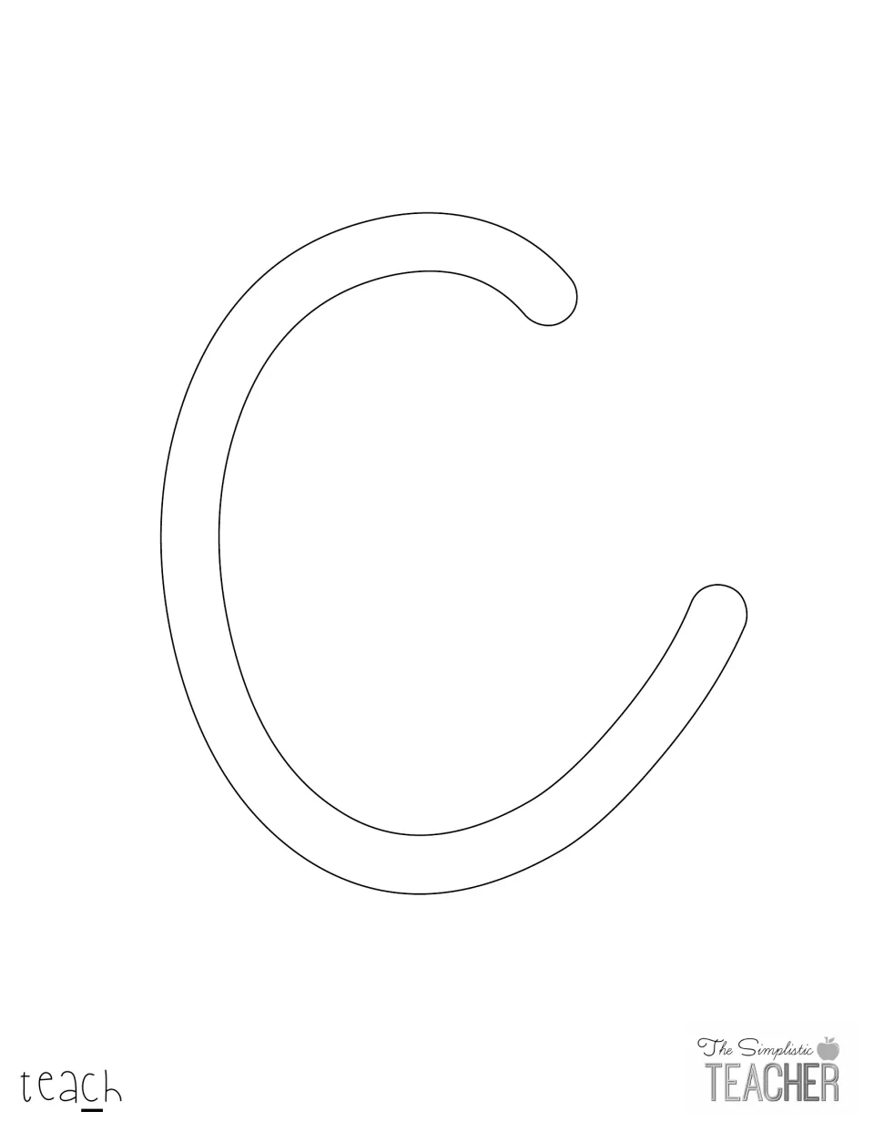 Cut-out piece: large outlined cursive letter c, the fourth letter of the word teach in the bulletin board lettering