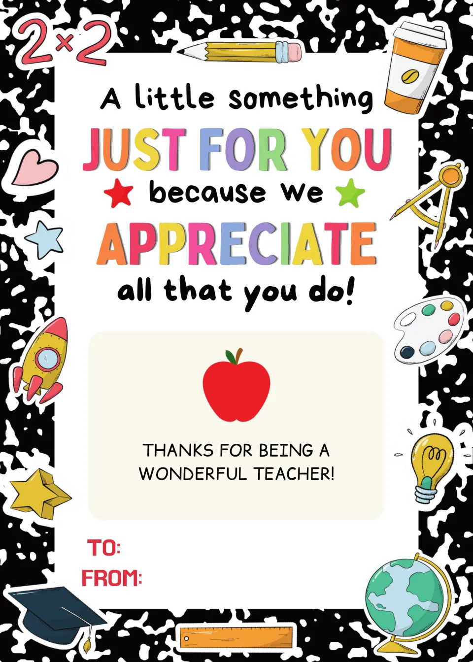 Teacher thank-you gift card holder in black composition-notebook print: Just for you because we appreciate all you do