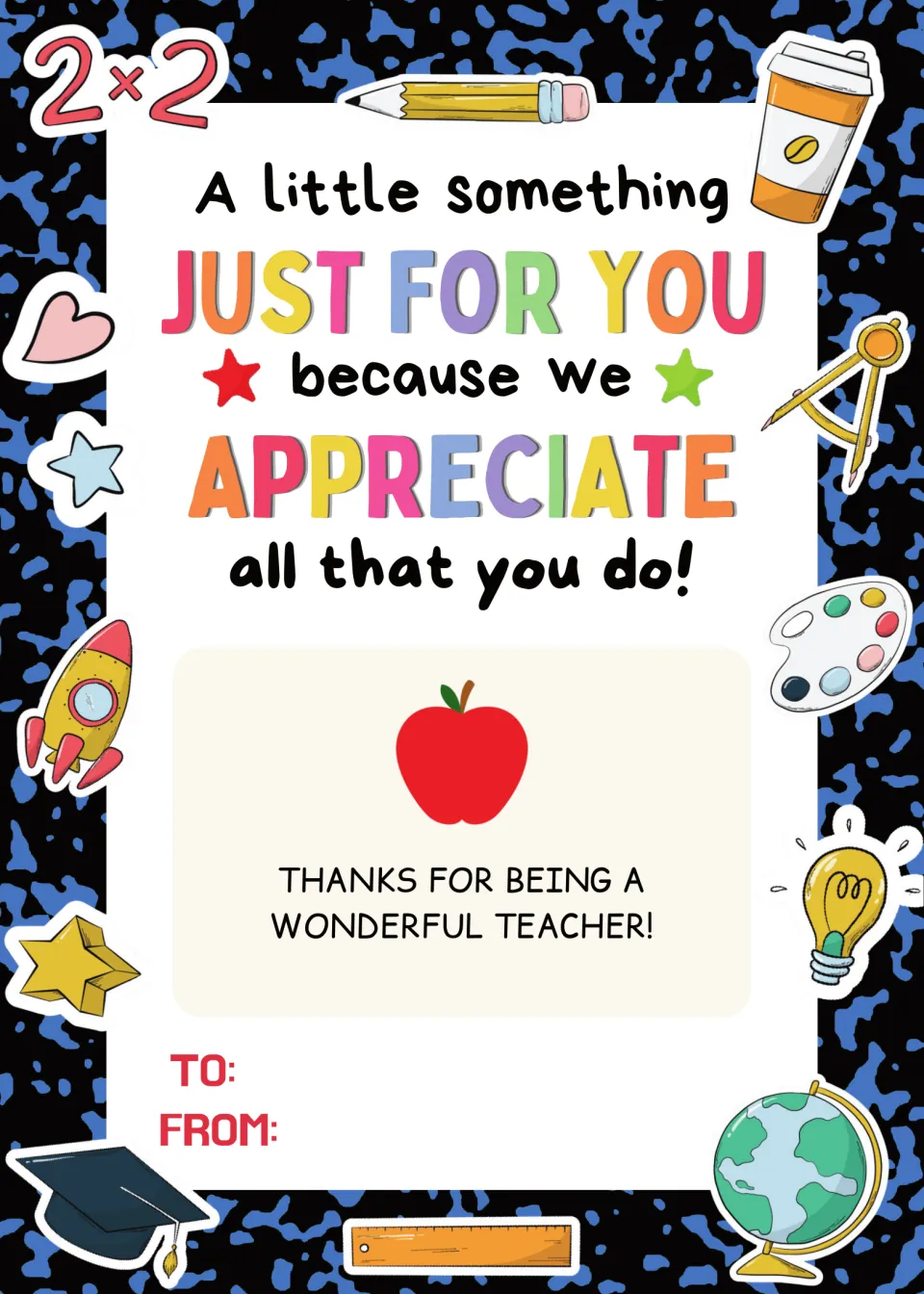 Blue composition-notebook print gift card holder with apple, Thanks for being a wonderful teacher message and To/From lines