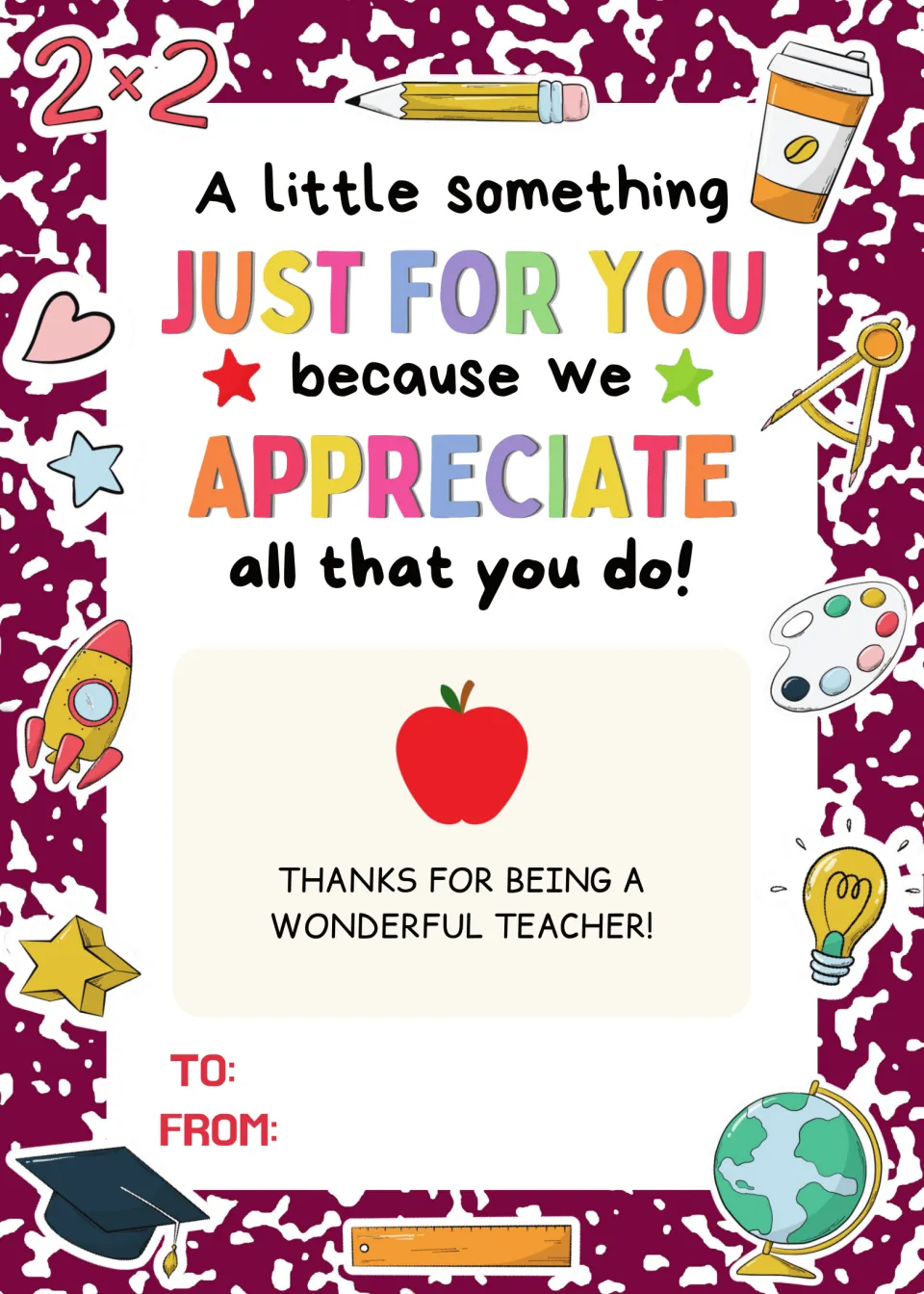 Maroon composition-notebook print teacher thank-you card holder with school doodles, apple message and To/From lines
