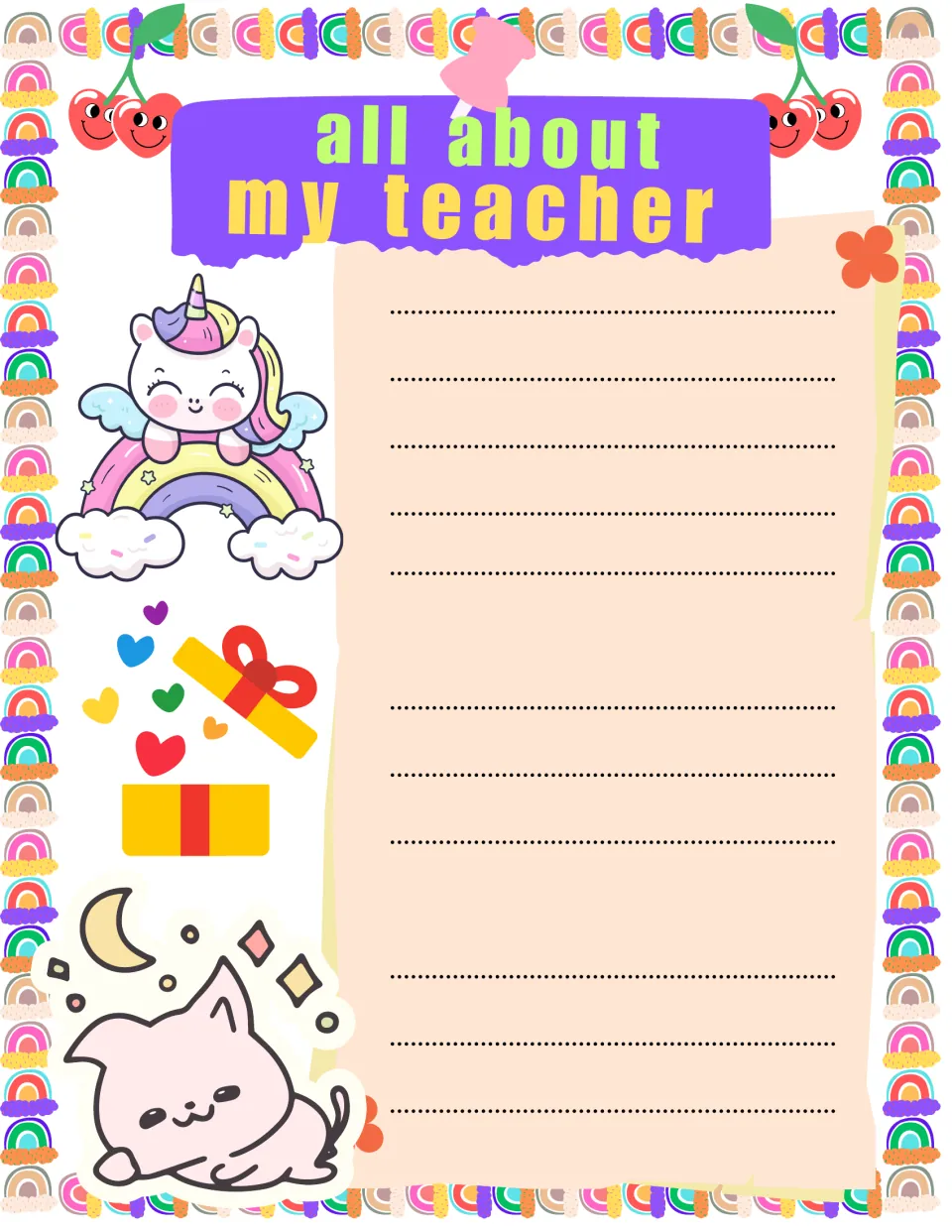 Open writing sheet headed all about my teacher: no prompts, just space to write, decorated with a unicorn, gift and kitten