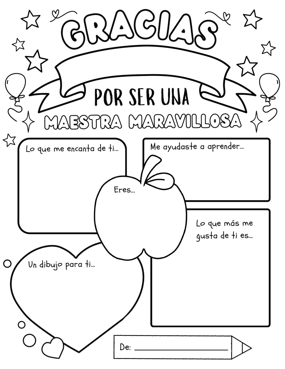 Gracias por ser una maestra maravillosa: students finish Spanish prompts about their teacher, draw a picture and sign it