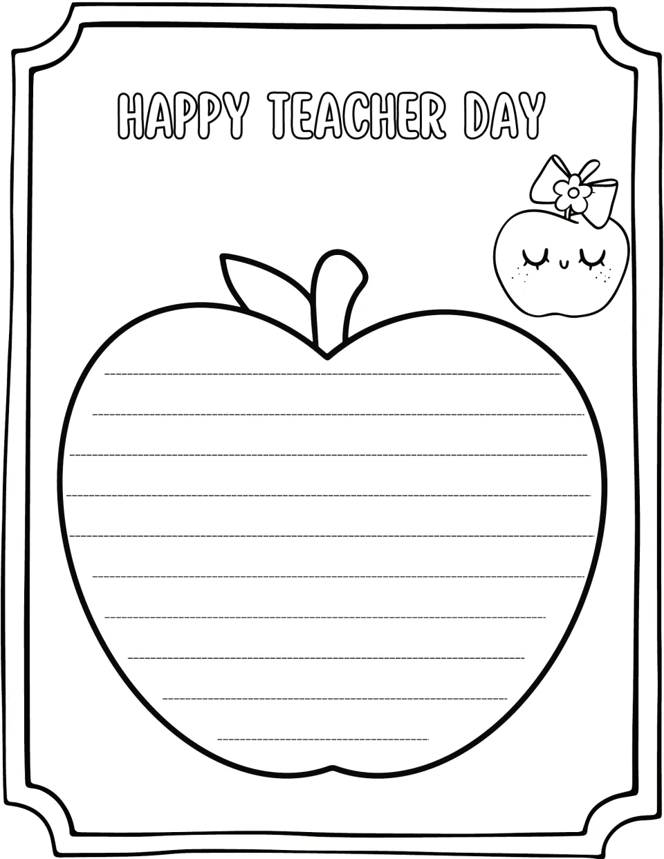 Happy Teacher Day apple template: students write a thank-you message to their teacher inside a large ruled apple shape