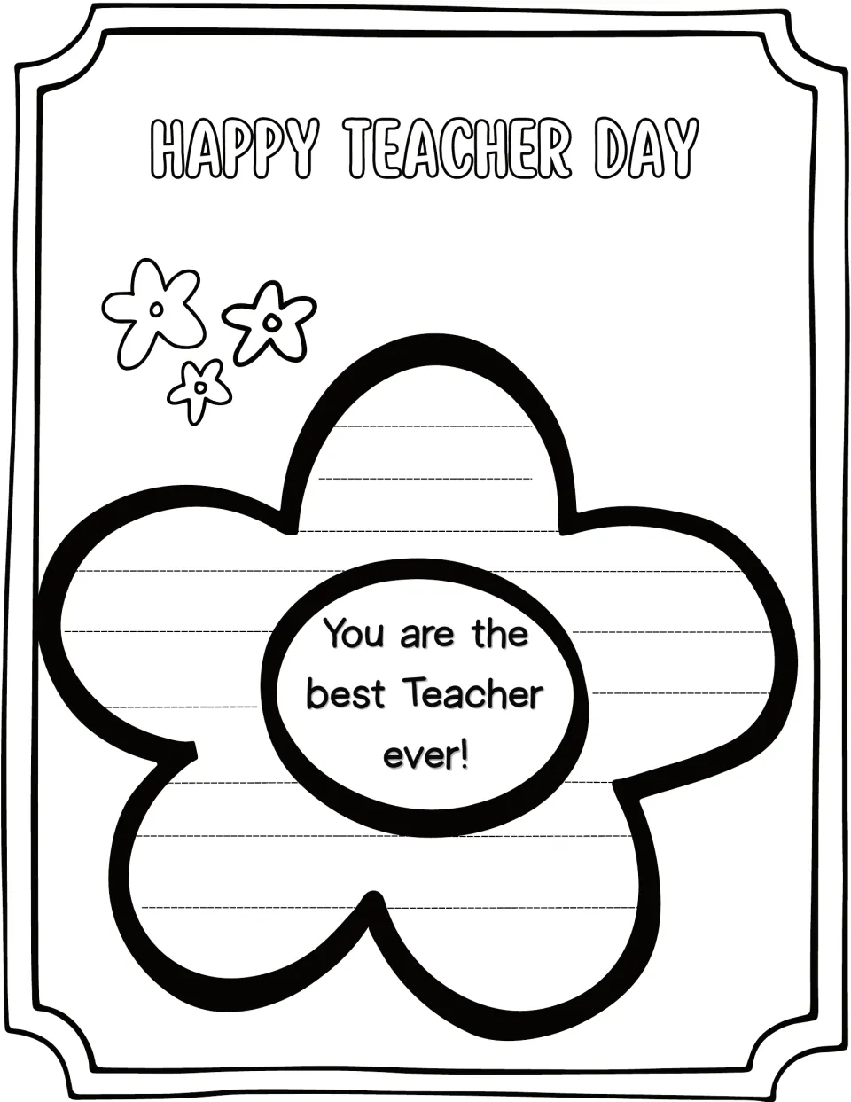 Happy Teacher Day flower template: students write on petals around the center message "You are the best Teacher ever!"