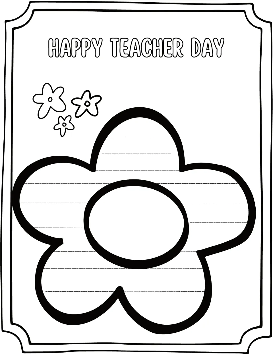 Happy Teacher Day flower template with a blank center: students add their own message there and write a note on the petals