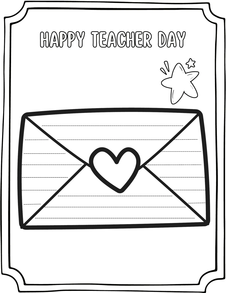 Happy Teacher Day envelope template: students write a letter of thanks to their teacher across a heart-sealed envelope