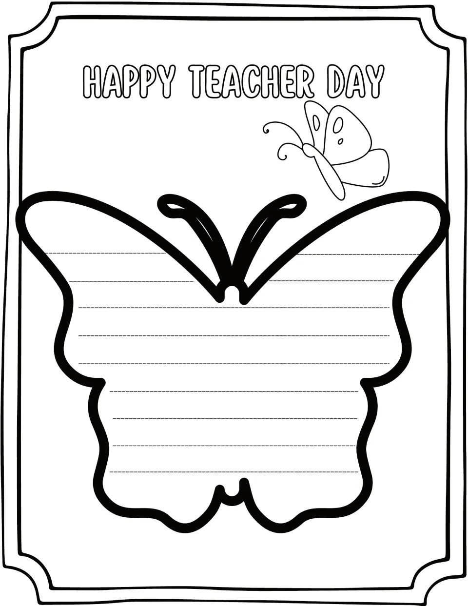 Happy Teacher Day butterfly template: students write a note of appreciation for their teacher on ruled butterfly wings