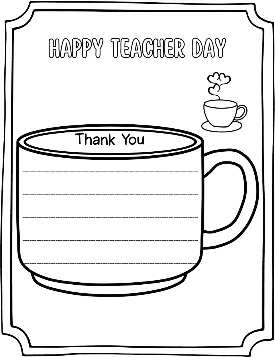 Happy Teacher Day mug template headed "Thank You": students write why they are grateful to their teacher inside the mug