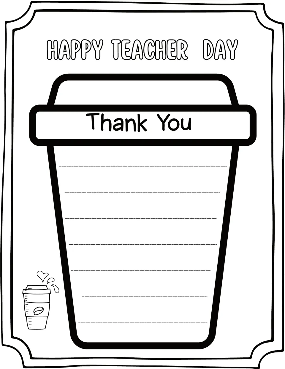 Happy Teacher Day to-go coffee cup template labeled "Thank You": students write a thank-you note on the cup