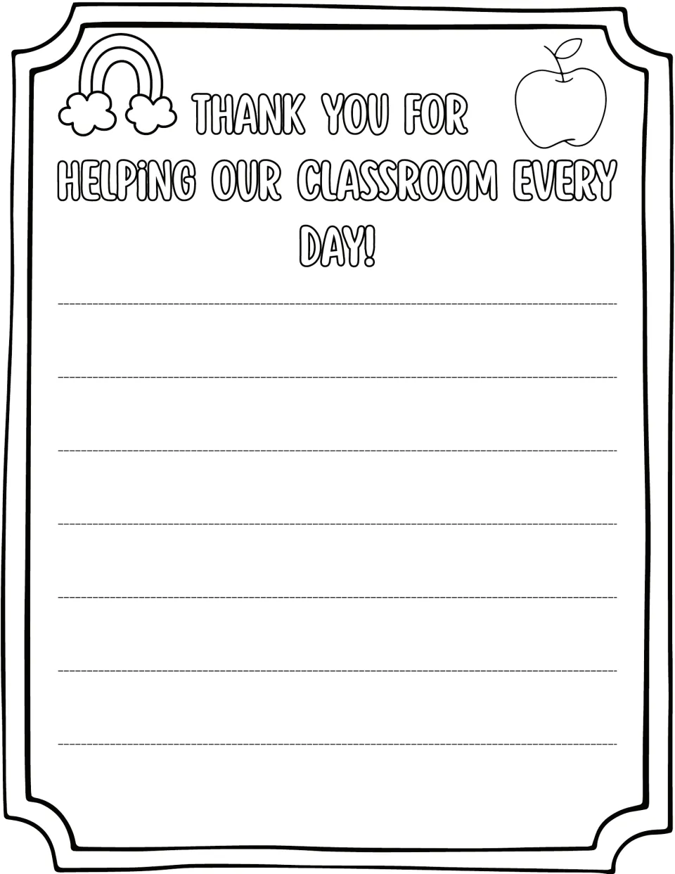 Thank-you letter page headed "Thank you for helping our classroom every day!": students write a full note of appreciation