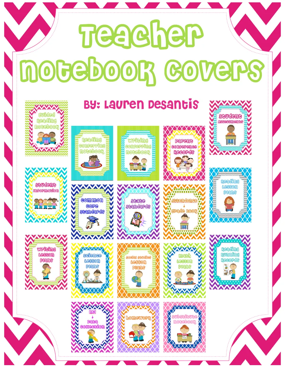 Teacher Notebook Covers by Lauren DeSantis: 18 binder covers shown, from guided reading and lesson plans to homework