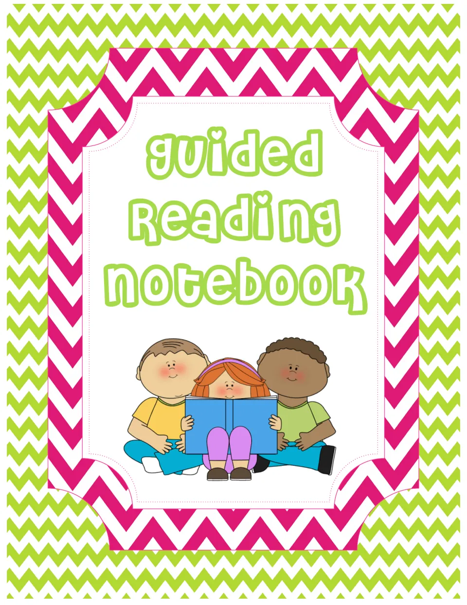 Guided Reading Notebook binder cover in pink and green chevron, with three children sharing one open blue book