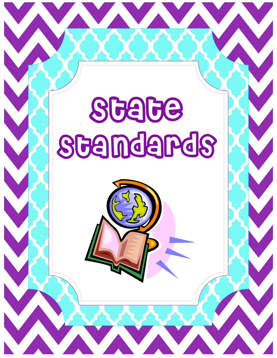 State Standards binder cover in purple chevron and aqua quatrefoil, with clip art of a globe and an open book