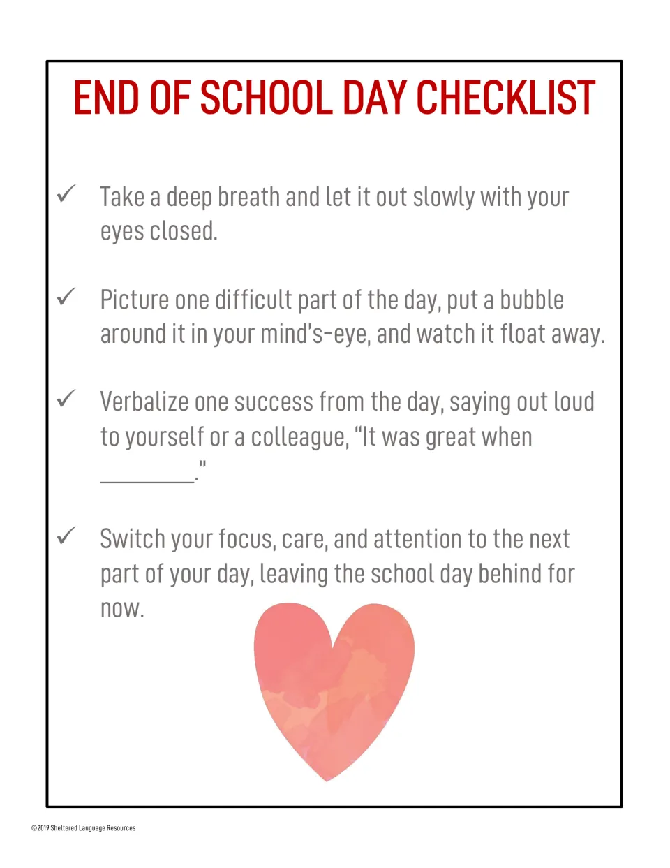 End-of-day teacher reset, red heading: deep breath, let a hard moment float away, voice one success; pink heart art