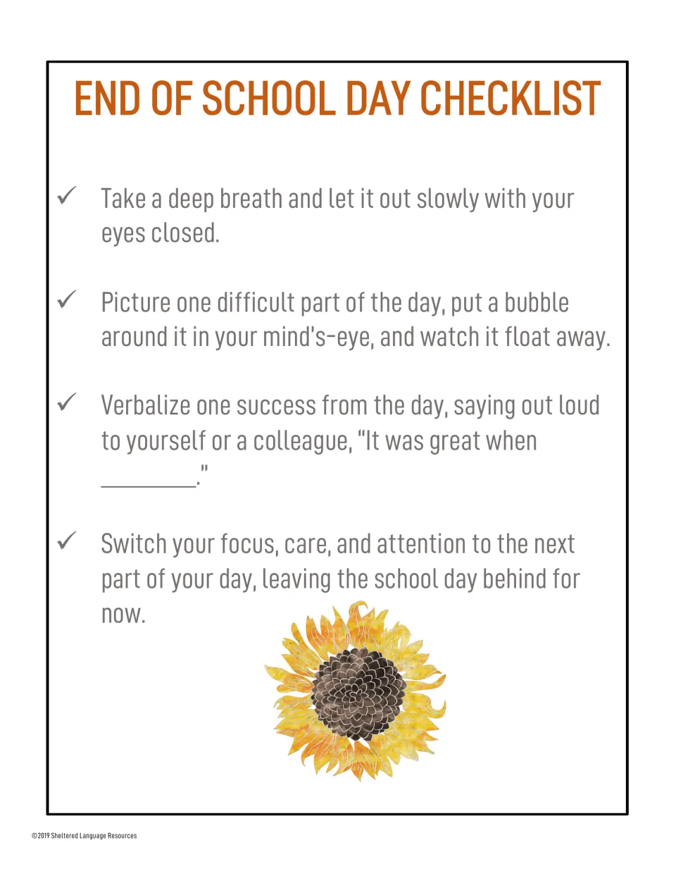 Four-step unwind list in orange with a yellow sunflower: breathe, release one difficult moment, name a win, switch focus