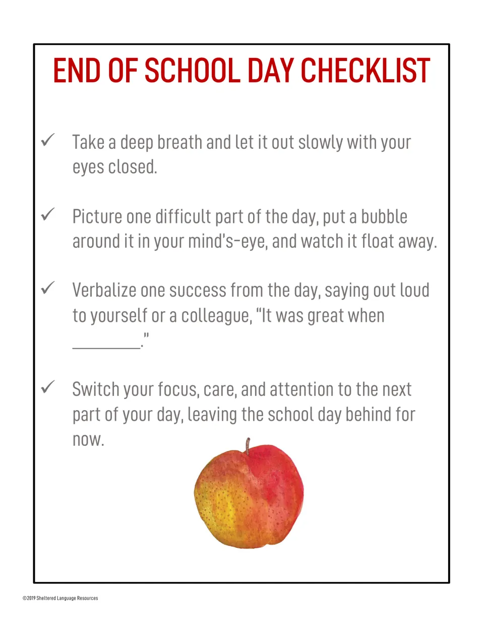 After-school calm-down steps for teachers with a red apple: slow breath, bubble away a hard part, say "It was great when"