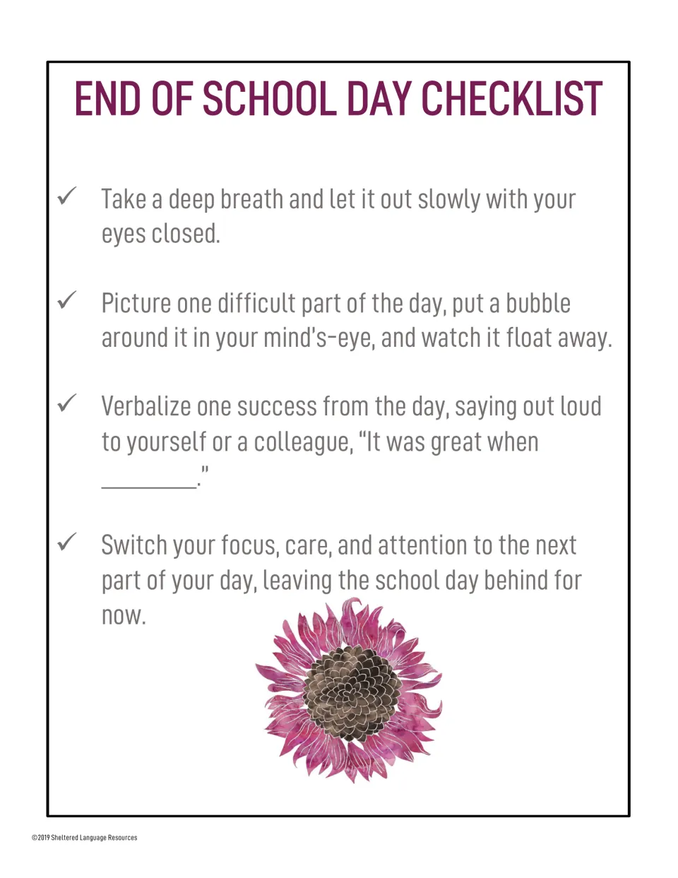 Magenta-titled closing routine with a pink flower: eyes-closed breath, visualize a worry floating off, share a success aloud