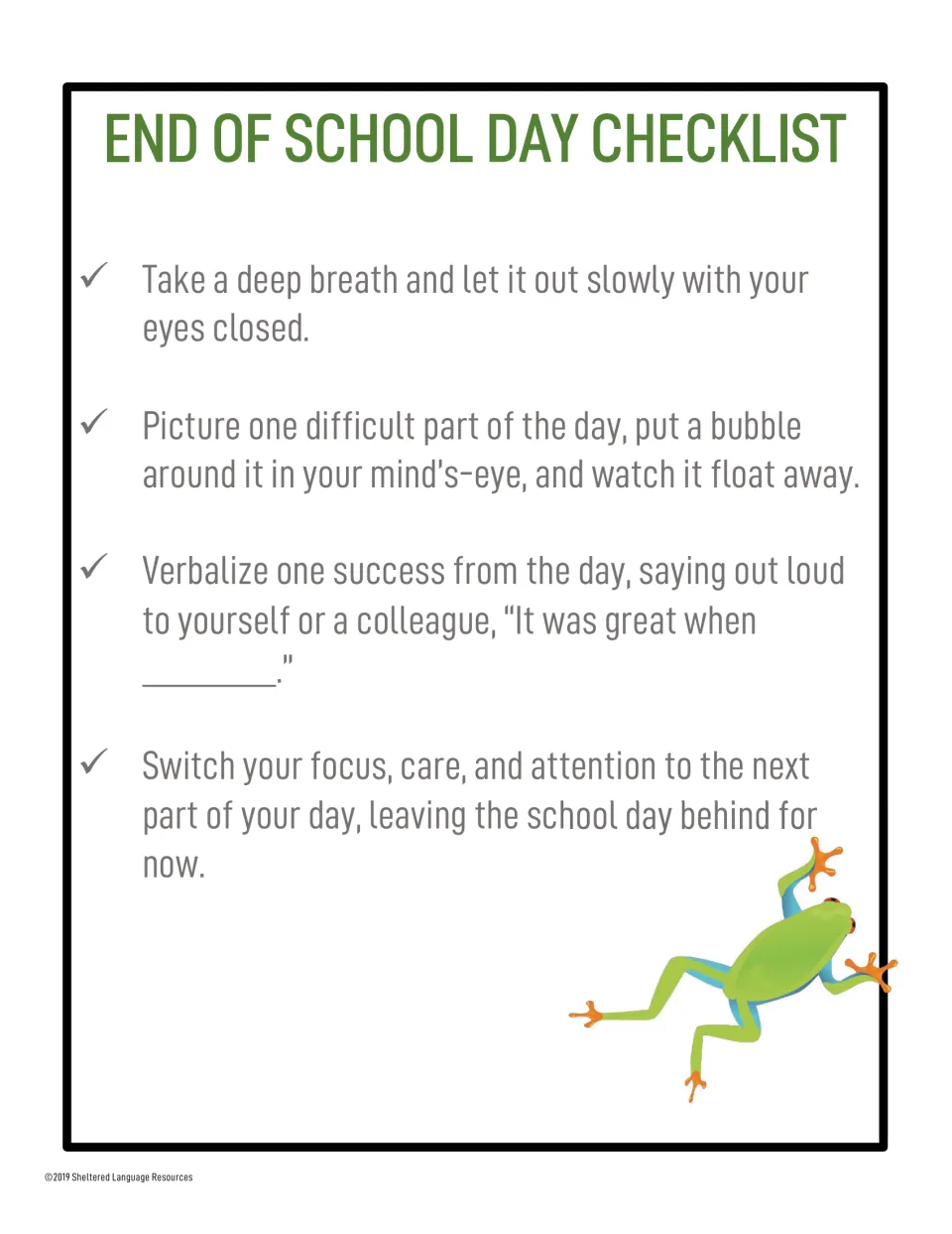 Green-titled leave-work-behind list with a tree frog: breathe, float off one tough moment, verbalize a success, refocus