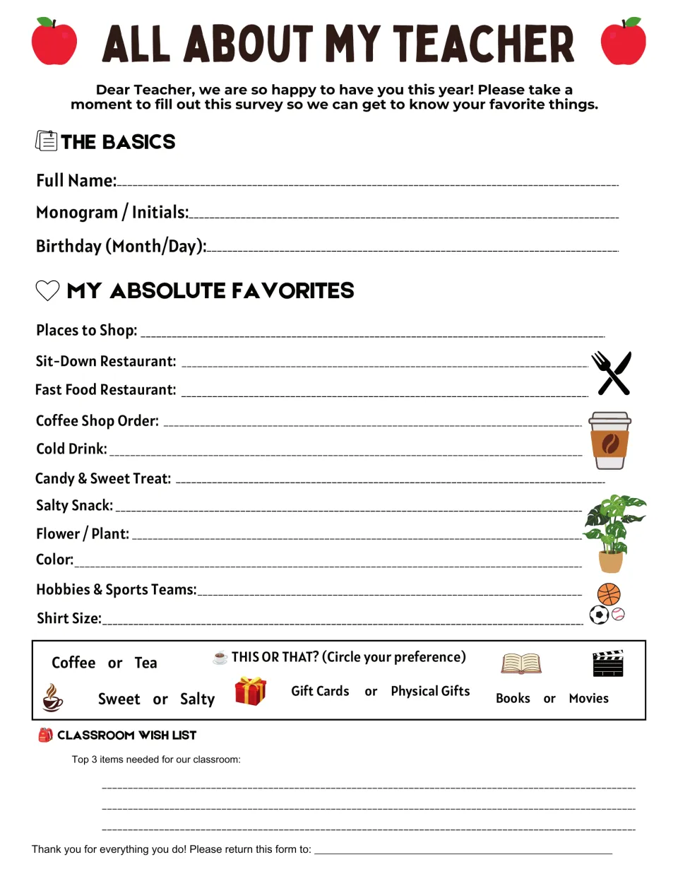All About My Teacher survey: teacher lists birthday, favorite food spots, coffee order, this-or-that picks and a wish list