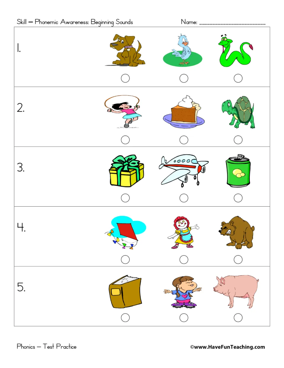Beginning sounds: students hear a sound and fill in the bubble under the matching picture, such as dog, bird or snake
