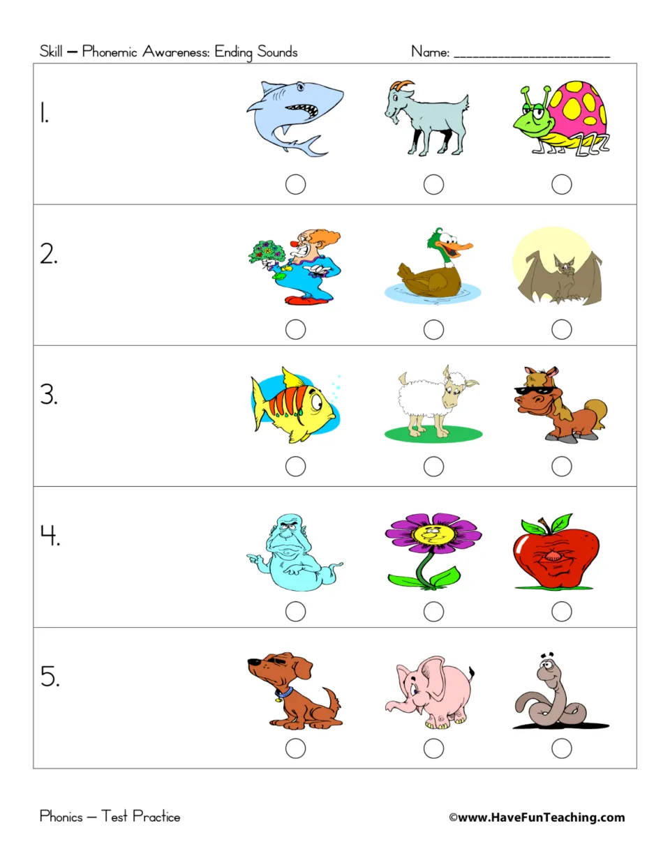 Ending sounds test practice: students hear a sound and fill in the bubble under 1 of 3 pictures, such as shark, goat, bug