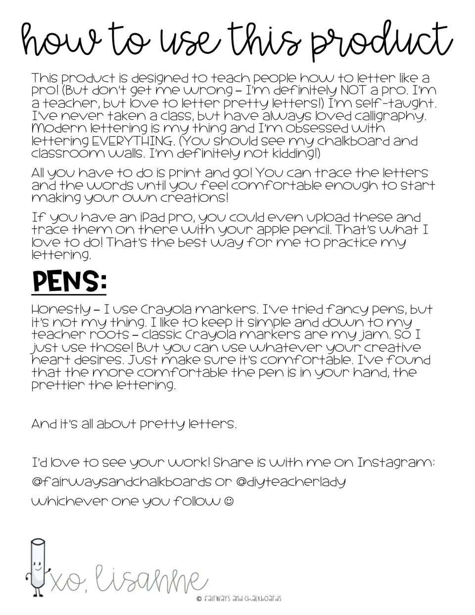 Lettering guide instructions explain tracing letters and words on paper or an iPad and choosing pens.