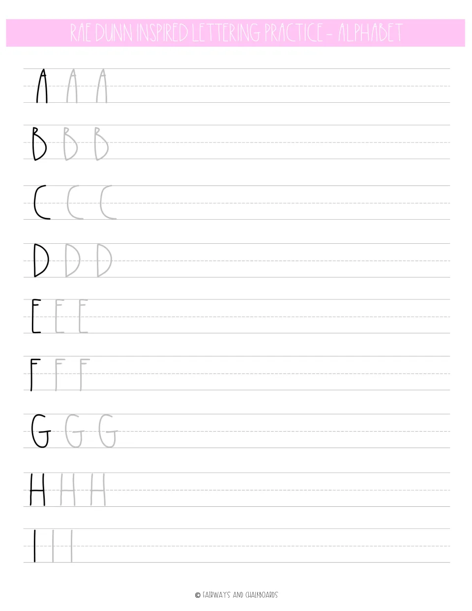 Alphabet lettering practice for uppercase A–I, with a black model and two gray tracing examples per letter.