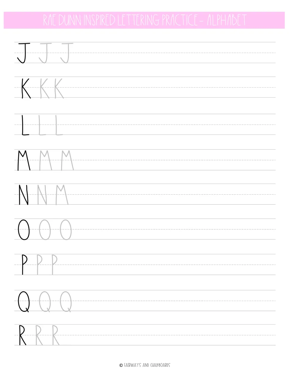 Alphabet lettering practice for uppercase J–R, with black models and gray examples; the N row also shows M.