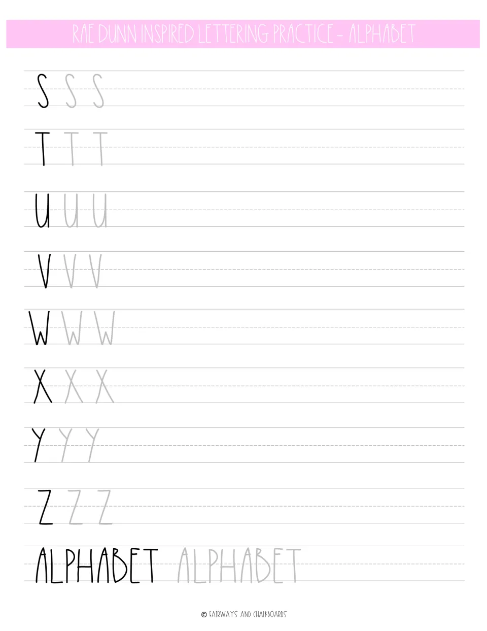 Alphabet lettering practice for uppercase S–Z, with gray tracing examples and the word ALPHABET to trace.
