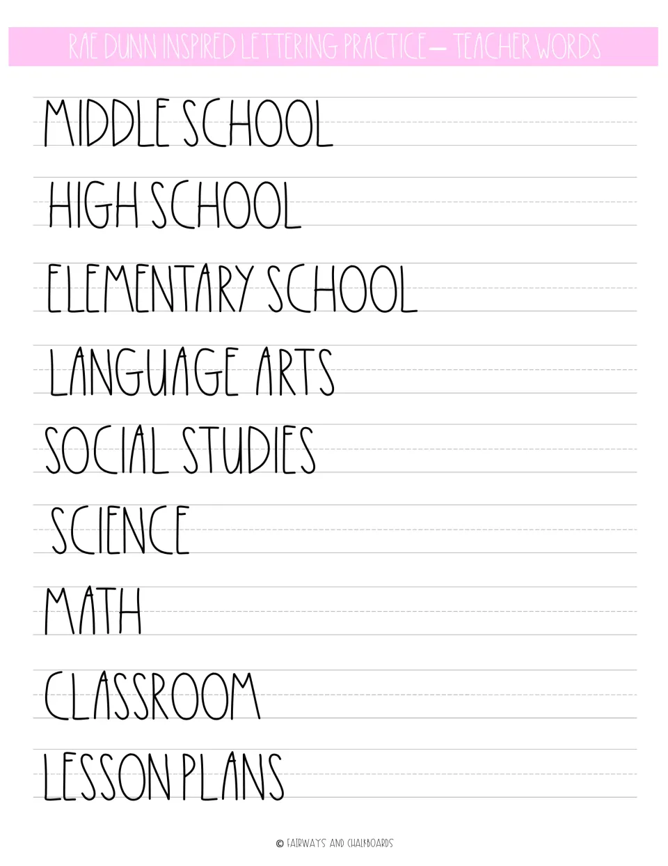 Teacher-word lettering practice: MIDDLE SCHOOL, HIGH SCHOOL, ELEMENTARY SCHOOL, and six more school terms.