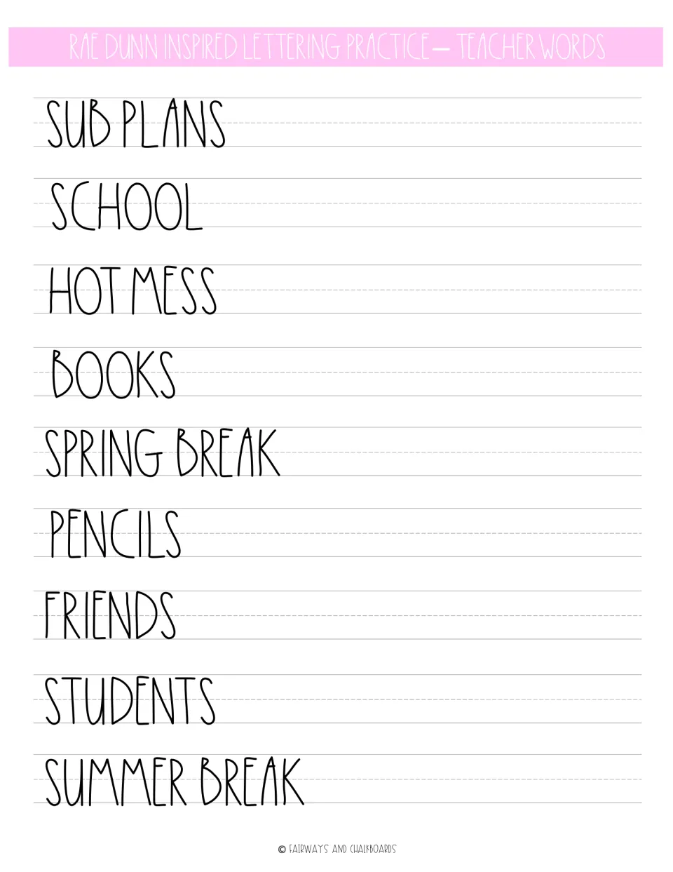 Teacher-word lettering practice: SUB PLANS, SCHOOL, HOT MESS, BOOKS, SPRING BREAK, and four more entries.