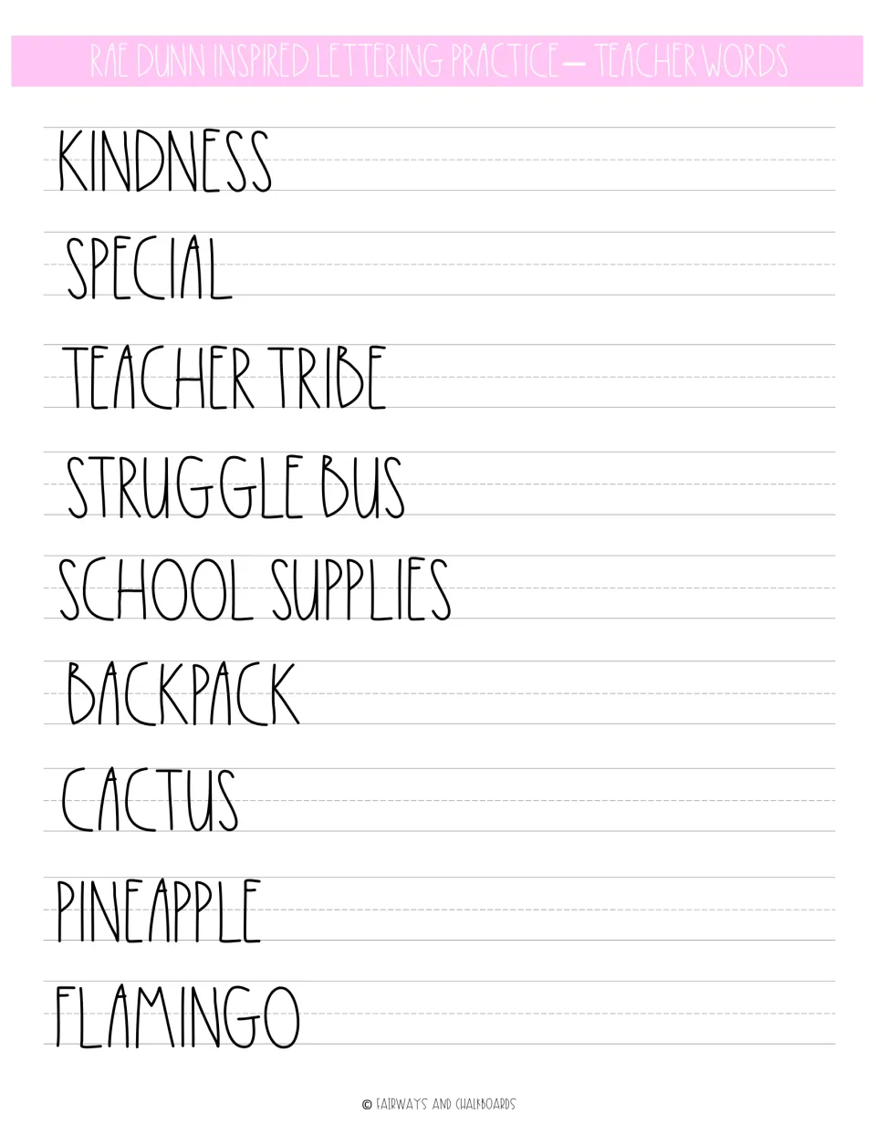 Teacher-word lettering practice: KINDNESS, SPECIAL, TEACHER TRIBE, STRUGGLE BUS, and five more entries.