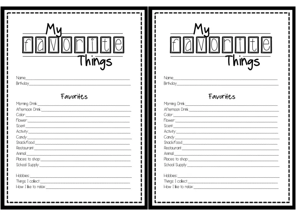 My Favorite Things form, two per page: staff list their birthday, favorite drink, candy, snack, restaurant and hobbies