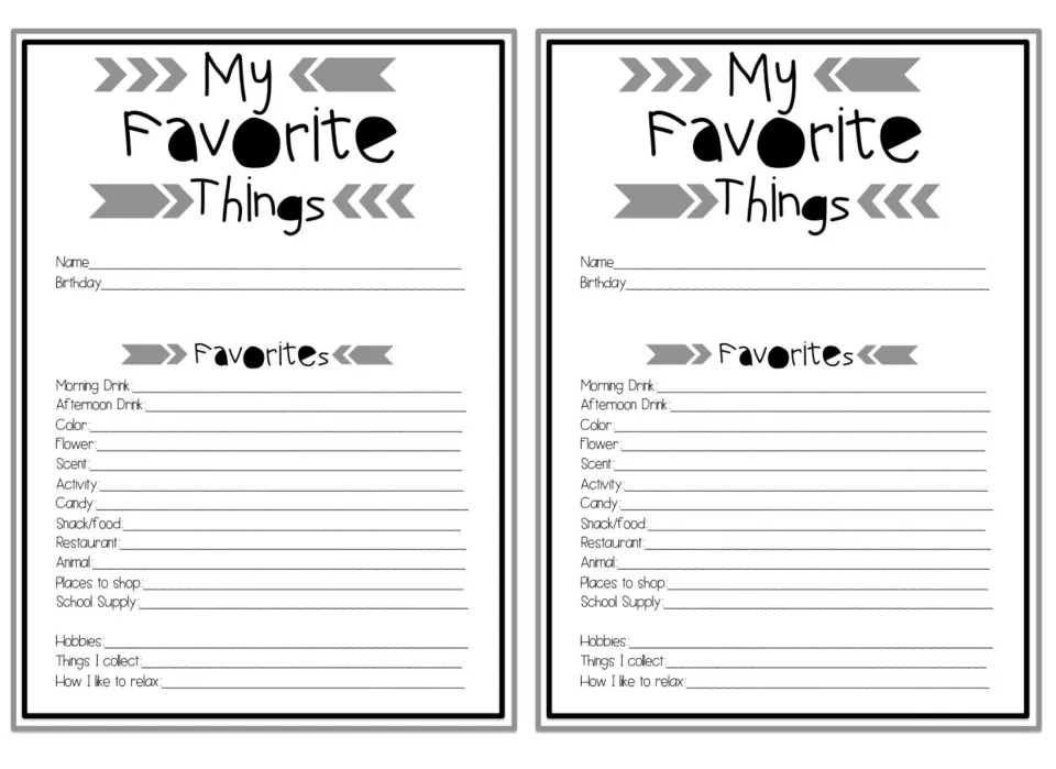Arrow-accented My Favorite Things version asking for name, birthday, favorite flower, scent, color and places to shop