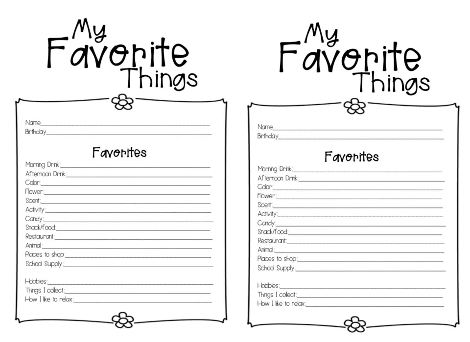 Flower-trimmed favorites sheet asking for hobbies, things collected, how one likes to relax, plus candy and snacks