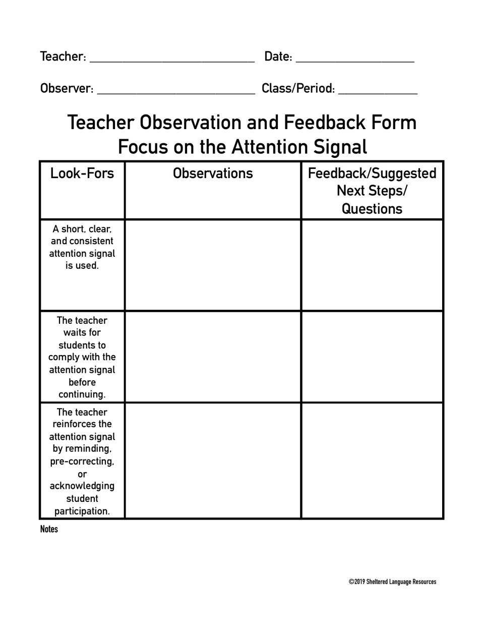 Blank attention signal form: observer notes three look-fors: clear signal, waiting for compliance, reinforcement